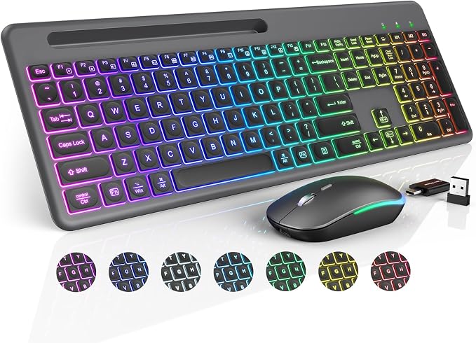 Wireless Keyboard and Mouse, 15 Backlit Effects, Slim Rechargeable Keyboard & Mouse Combo with Phone Holder, Light Up Keys, Lag-Free USB-A & C Cordless Set for PC, Laptop, Windows- by SABLUTE