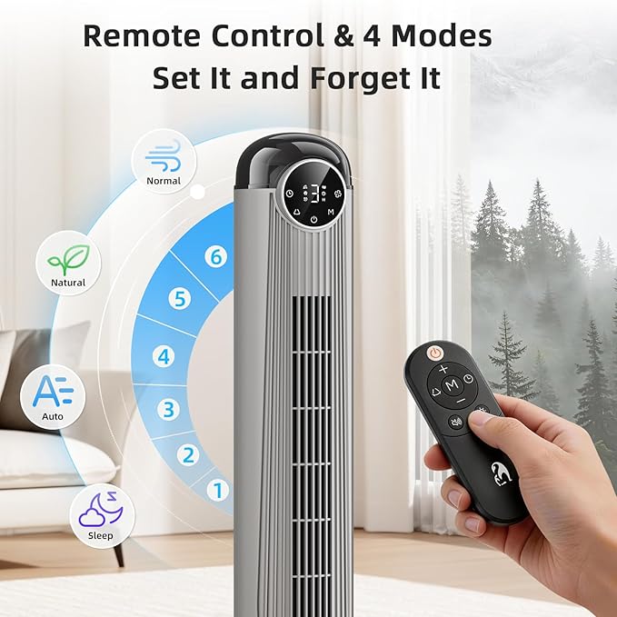 Antarctic Star T42 Tower Fan-42 Inch, Bladeless Oscillating Fan with Remote, 6 Speeds & 4 Modes, LED Display, 9H Timer, Quiet Floor Standing Fan for Bedroom Living Room Office, Grey