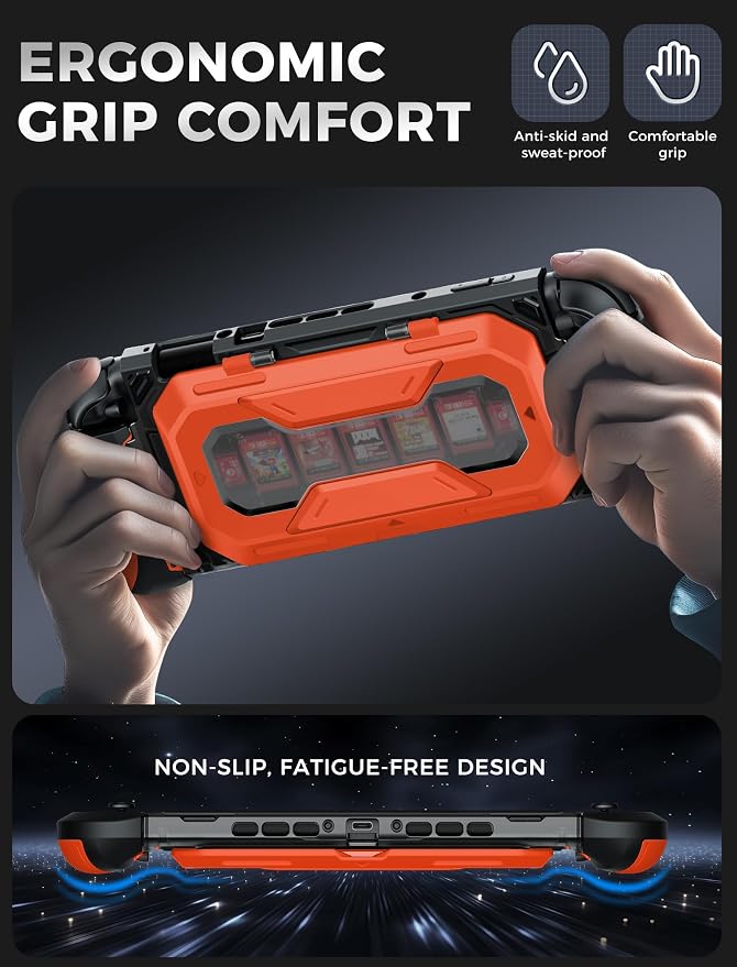 Mumba Dockable for Nintendo Switch 2 Case with Flip Stand, [Titan] Ergonomic Switch 2 Grip Protective Cover Holds 5 Game Cards & 2 TF Cards TPU Accessories and Quick-Release Joy-Con Design (Orange)