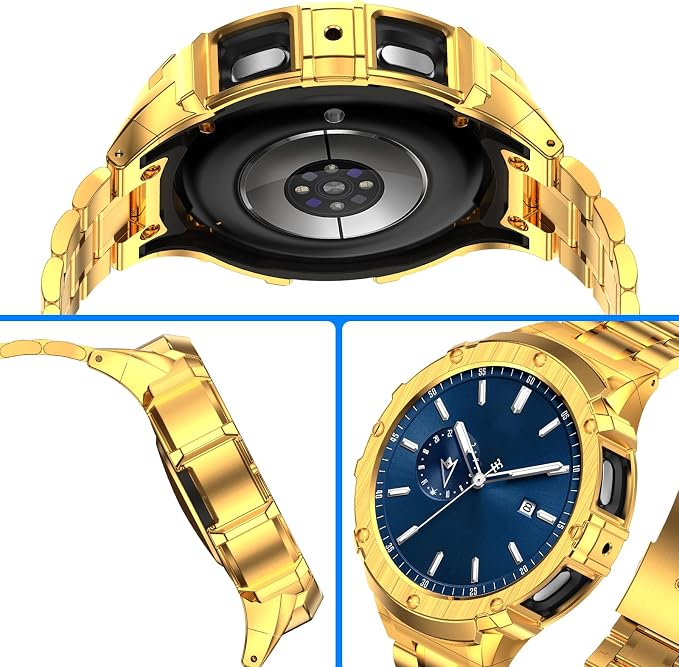 BAITEYOU Stainless Steel Bands with Case Compatible with Samsung Galaxy Watch 6 44mm, Rugged Protective Case Cover and Metal Band for Galaxy Watch 6 44mm for Men (Gold)