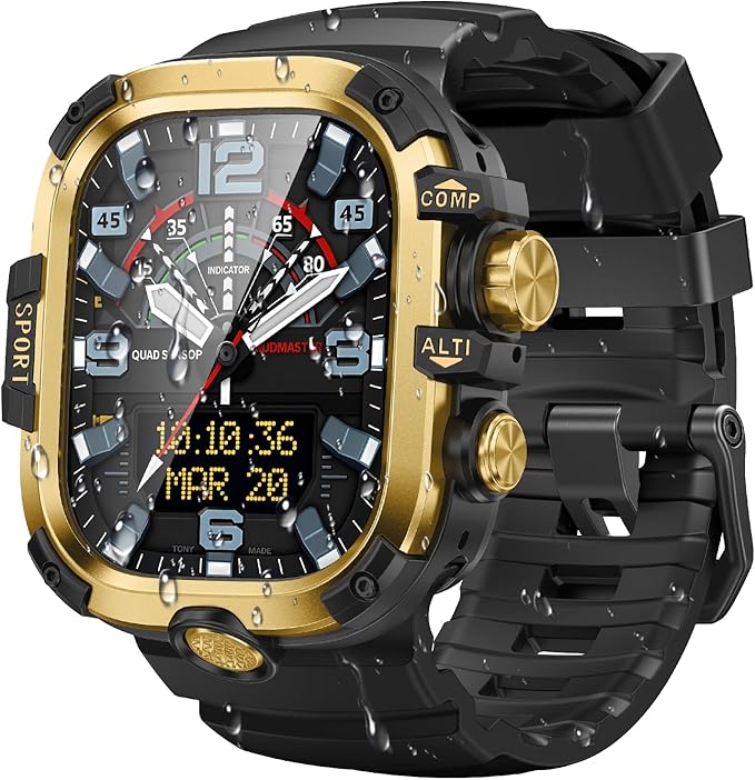 Goton Rugged Case and Band Kit with Screen Protector for Apple Watch 44mm, Compatible with Apple Watch SE 3/2/1 Series 6/5/4, Full Body Shockproof Metal+PC Bumper Cover with Soft Band, 44mm Gold