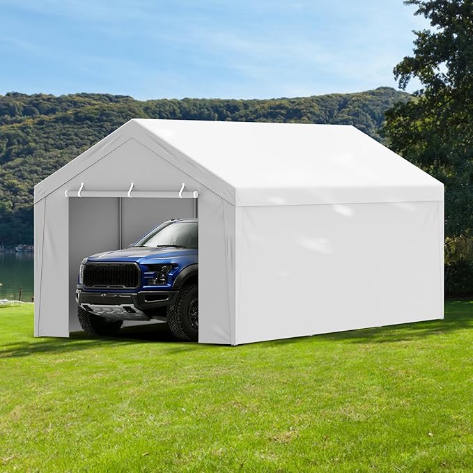 VEVOR Carport Replacement Canopy Top Cover + Sidewall 10 x 20 ft, Garage Tent Shelter Tarp Heavy-Duty Waterproof & UV Protected, Easy Installation with Ball Bungees,White (Frame Not Included)