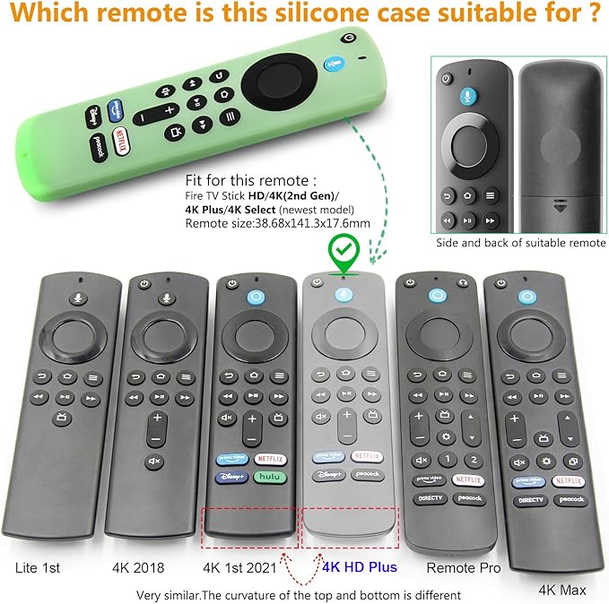Pinowu Remote Cover Case (2pcs) Compatible with Fire TV Stick HD / 4K(2nd Gen) / 4K Plus / 4K Select Alexa Voice Remote, Anti Slip Silicone Sleeve with Wrist Strap(Green Glow,Blue NOT Glow)