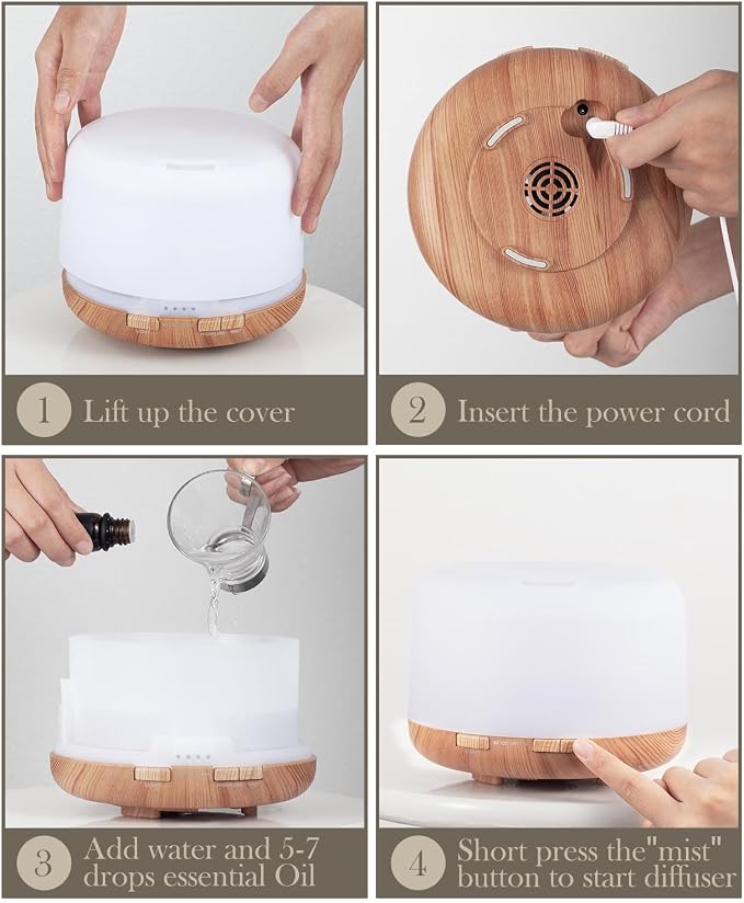 Essential Oil Diffuser 500ml-Humidifier,Aroma Diffuser for Home with 7 Colors Light,Remote Control Air Diffuser for Large Room,Bedroom,Office(Light Wood)