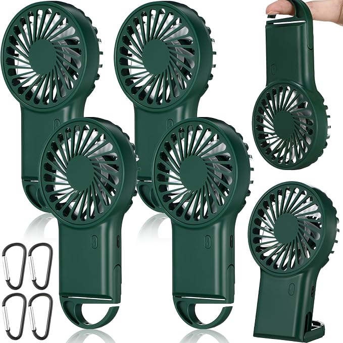 VIHOSE 4 Pcs Portable Hanging Fan, 3 Speeds Personal Rechargeable Desk Hand Held Small Fan with D Metal Hook for Cooling Small Personal Hands Outdoor Travel (Dark Green)
