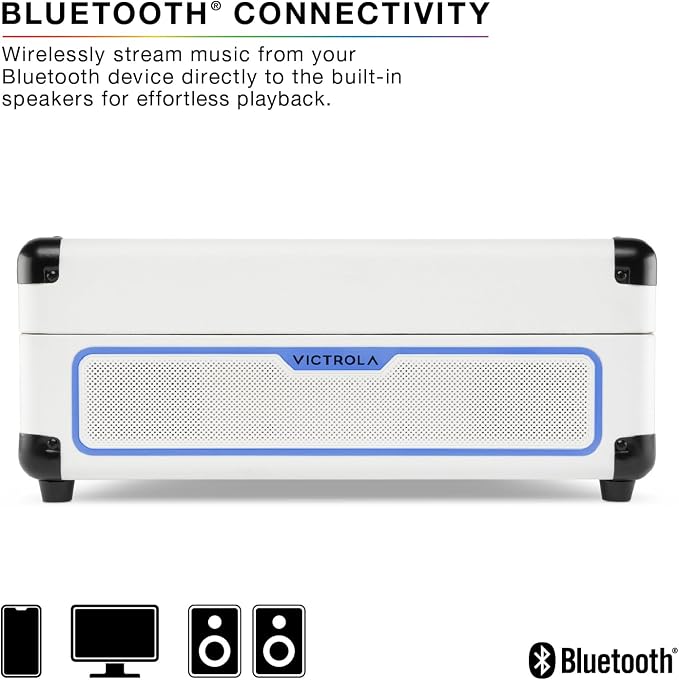 Victrola Journey Glow – Illuminated Suitcase Record Player – 18 RGB Light Effects, Stereo Speakers with Enhanced Bass, Bluetooth Streaming, (Black)