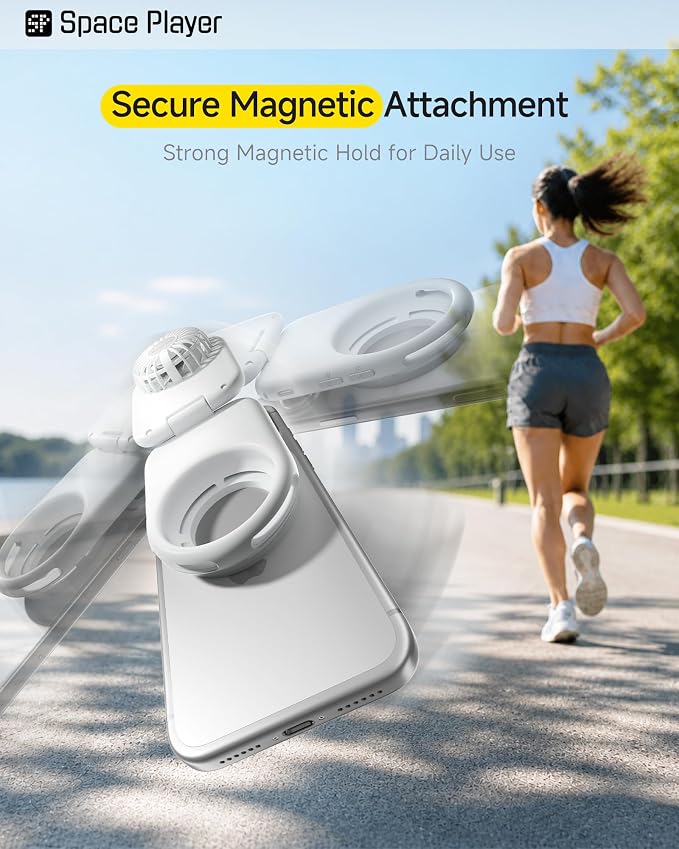 Space Player MagSafe Magnetic Cooling Fan for iPhone & Android Portable Phone Cooling Fan with LED Light Rechargeable Mini Handheld Fan 3-in-1 Magnetic Desk Fan for Gaming Travel & Outdoor Use White