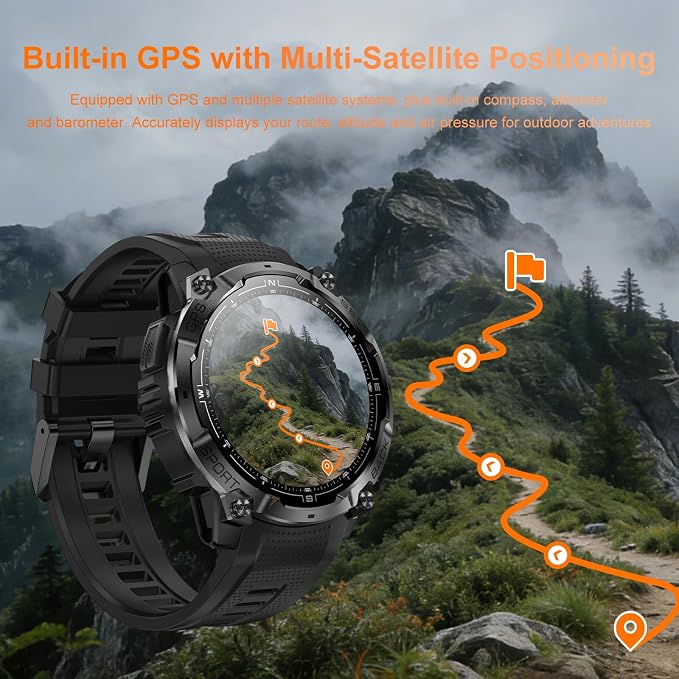 Rugged Military Smart Watch for Men with GPS, 1.43'' AMOLED Fitness Tracker Watch with Bluetooth Call/Flashlight/Compass, 170+ Sports Modes Waterproof Mens Smartwatch for Android iPhone