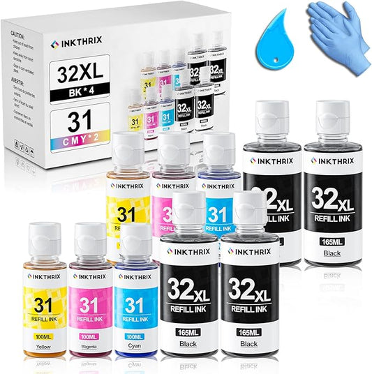 31 32xl Ink Bottle Set Compatible for HP Smart Tank 7602 5000 6001 5101 7301 5103 Ink Refill,Smart Tank 651 551 Ink Bottle (4BK 2C 2M 2Y ，10-Pack)