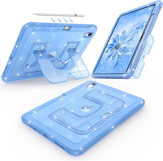 CCMAO Case for iPad (A16) 11 Inch 2025,10th Gen 10.9 Inch 2022 with Portable Kickstand and Pencil Holder, Shockproof Protective Slim Thin iPad Case with Glitter Back Cover, Blue Sparkle