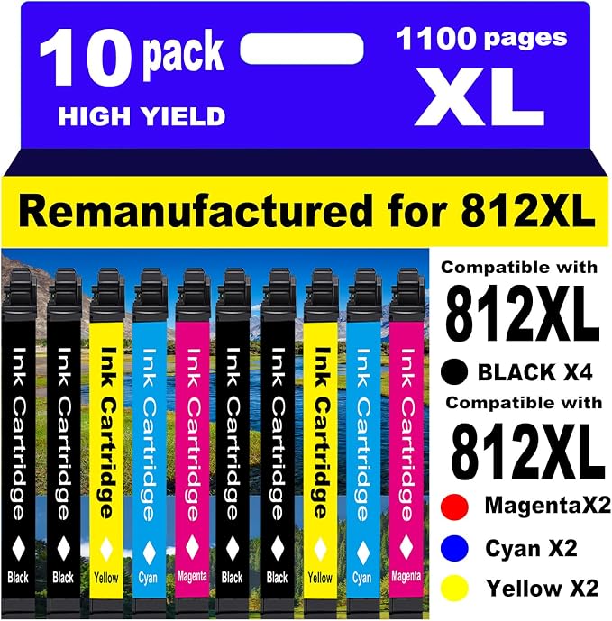 Remanufactured Ink Cartridges Replacement for Epson 812XL Ink cartridges Combo Pack 812 XL for Workforce Pro WF-7840 WF-7820 WF-7310 EC-C7000 Printer 10 Pack