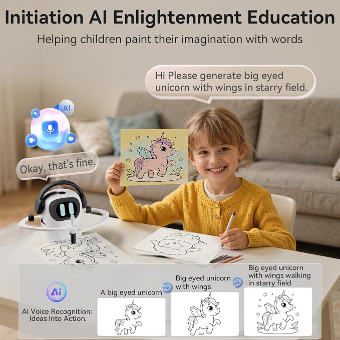 AI Drawing Robot for Kids, 10000+ Free AI-generated Images,Regularly updated image library,Educational Learning Toys for Boys & Girls Ages 3-8 ,AI Enlightenment Painting Toy for Birthday Gift (Black)