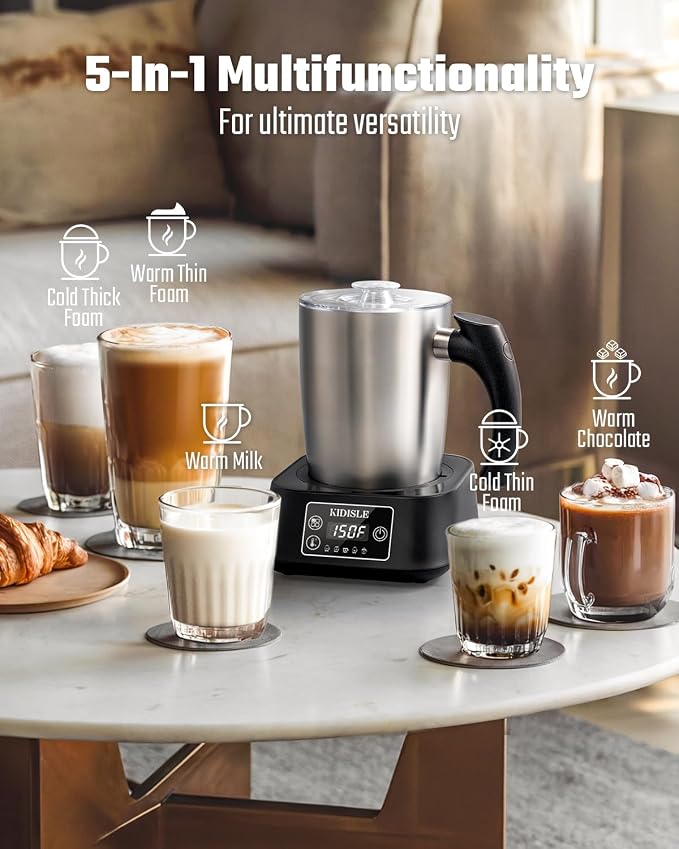 KIDISLE 5-in-1 Milk Frother and Steamer, 17oz Detachable Stainless Steel Jug, 4 Adjustable Temperatures 130°F-160°F, Hot & Cold Foam Maker, Hot Chocolate Maker, Dishwasher Safe