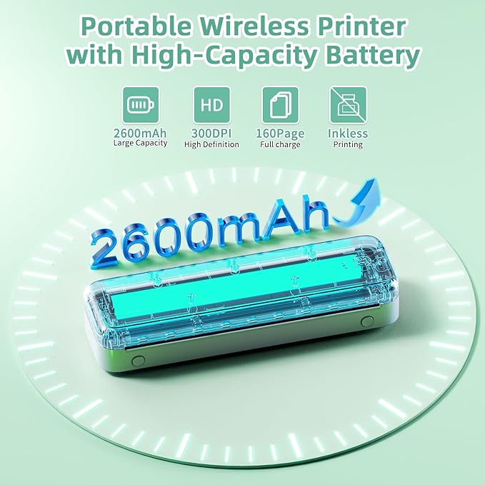 Phomemo M834 Portable Printer, Wireless Bluetooth Thermal Printer, Support Multi-Size Thermal Paper, Compatible with iOS, Android & PC, Mobile Printers for Travel, Office, School, Green