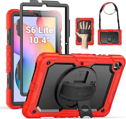 SEYMAC Case for Samsung Galaxy Tab S6 Lite 10.4'' 2024/2022/2020 (SM-P620/P610/P615), Heavy Duty Full-Body Shockproof Protective Case with Screen Protector, Rotating Stand, Hand/Shoulder Strap, Red