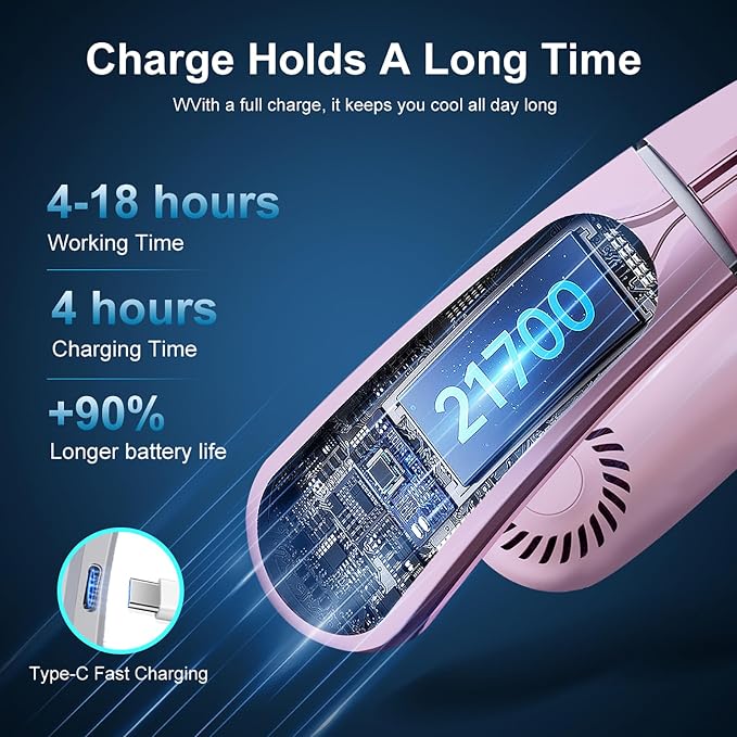 Portable Neck Fans that Blow Cold Air, Rechargeable Personal Small Wearable Cooler With 3-Speed, LED Display, 5000mAh, Type-C Port, Gift For Women, Dad, Birthday, Father, Travel, Outdoor, (Pink)