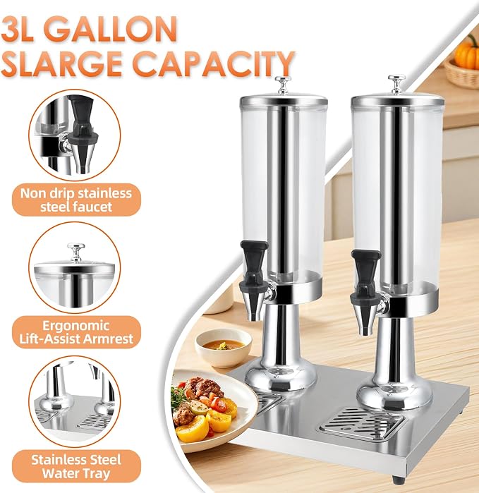 Hot and Cold Beverage Dispenser with Stand, 2.38 Gallon All-in-One Commercial Drink Dispenser with Ice Core&Stainless Steel Drip Trays for Parties, Beer Bar, Coffee (3 Head-2.38 GAL, SILVER)