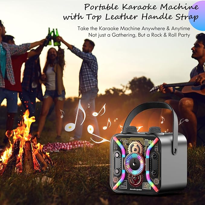 Karaoke Machine for Adults with Two Wireless Microphones, Bluetooth Speaker, LED Light Show, 360-Degree Stable Bass Mic, Silver
