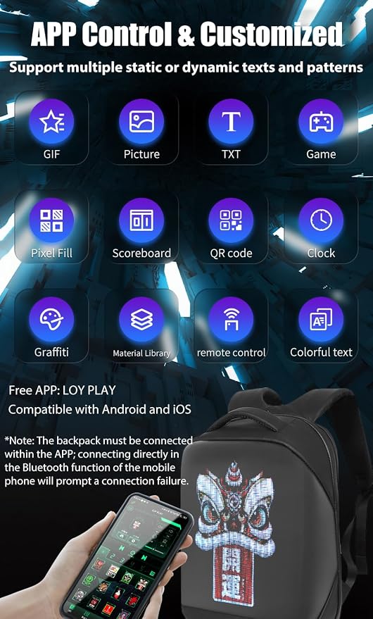 LED Backpack Waterproof with UHD 96 * 128 Pixel LED Display Screen, App Control Customized LED Bag for Motorcycle, 16-inch Laptop, Travel, Advertisement, Graffiti, School, Party (Black)