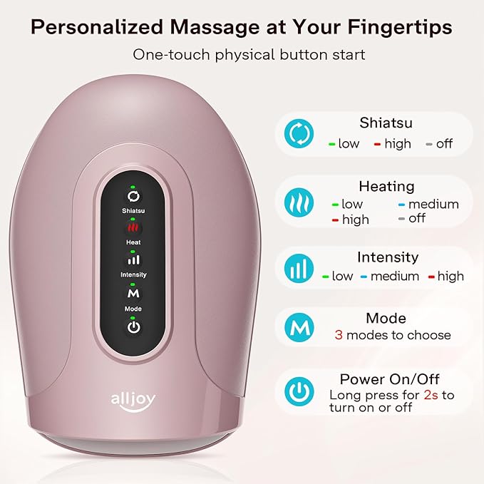 ALLJOY Roller Kneading Hand Massager for Arthritis and Carpal Tunnel Relief, Cordless Electric Hand Massager with Heat and Compression for Finger Numbness, Gifts for Women Men (Pink)