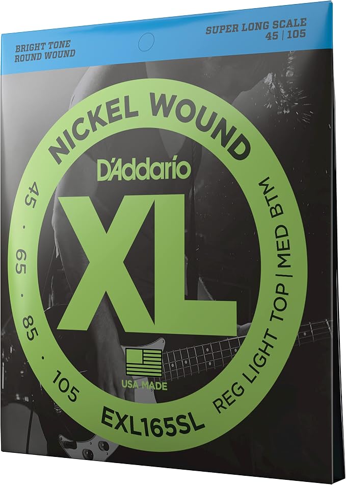 D'Addario Electric Bass Guitar Strings, XL Nickel, EXL165SL, Regular Light Top/Medium Bottom Gauge 45-105, Super Long Scale, 4-String Set, Pack of 1