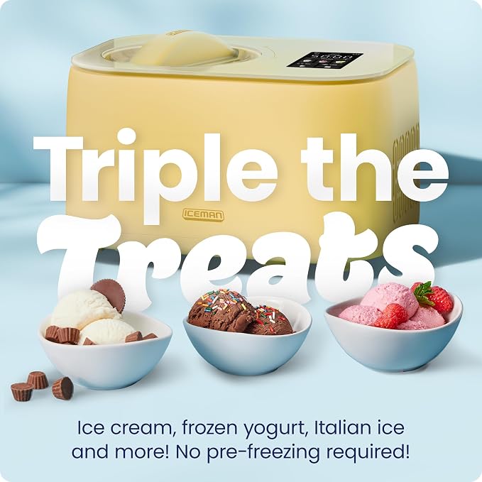Iceman by Chefman Trio Ice Cream Maker | No Pre-Freezing with Built-In Compressor | for Ice Cream, Froyo, Sorbet, Sherbet, Italian Ice, Frozen Yogurt & More | (2) 20oz Containers & Lids