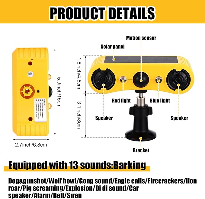 Qualirey 2 Pack Solar Outdoor Motion Sensor Alarm with Stake Animal Deterrent 2 x 129dB Loud Noisemaker 13 Sound Detector Strobe Light, 4 Mode Dog Barking Alarm Sensor on Ground or Fence