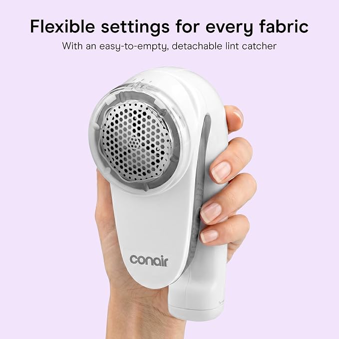 Conair Fabric Shaver and Lint Remover, Rechargeable Portable Clothes Shaver with 3 Settings, Fuzz Remover for Sweaters, Clothing, and Furniture, Large 2-Inch Shaving Head, White