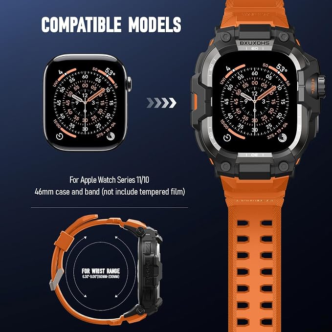 BXUXOHS Rugged Case and Band for Apple Watch 46mm Men, Compatible with Apple Watch Series 11/10, Military Grade Shockproof Bumper Cover, Tactical Band Case for iWatch 11/10 Man, Orange