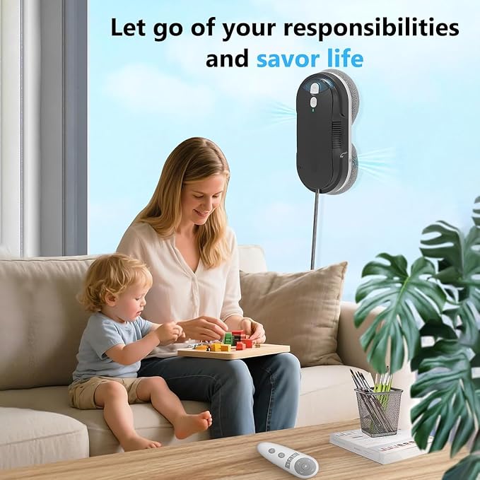 Window Cleaning Robot - Double Helix 4800-6400Pa Suction, Dual Ultrasonic Spray, 85ml Tank, Edge Detection, Anti-Drop, 3 Cleaning Modes for Streak-Free Glas (Black)