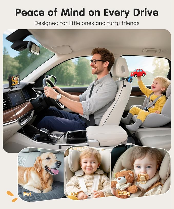 Babyvue BV3PRO Dual Baby Car Camera for 2 Boys, 7.2" 1080P HD Split Screen, Crystal Clear IR Night Vision, No Distortion Display Baby Car Monitor, Safe Driving for Back Seat & Pets