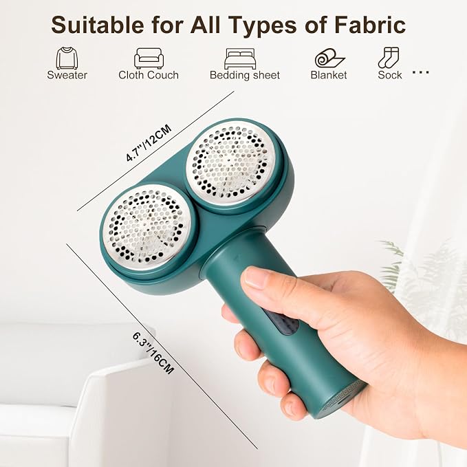 Fabric Shaver, Handzee Electric Lint Shaver, Dual Motor Sweater Shaver, Fabric Pilling Remover, Powerful 2 Gear 6-Leaf Blades, Portable Defuzzer Clothes Fuzz Remover for Sweater Furniture (Green)