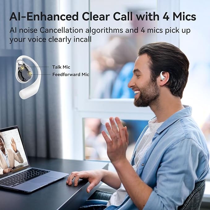 EarFun OpenJump Open Ear Headphones, Wireless Earbuds with Ergonomic Earhook, Hi-Res Sound, LDAC, 4 Mics ENC Call, 42H Playtime, Multipoint Connection, IPX7 Waterproof, Snug Fit for Workout, White