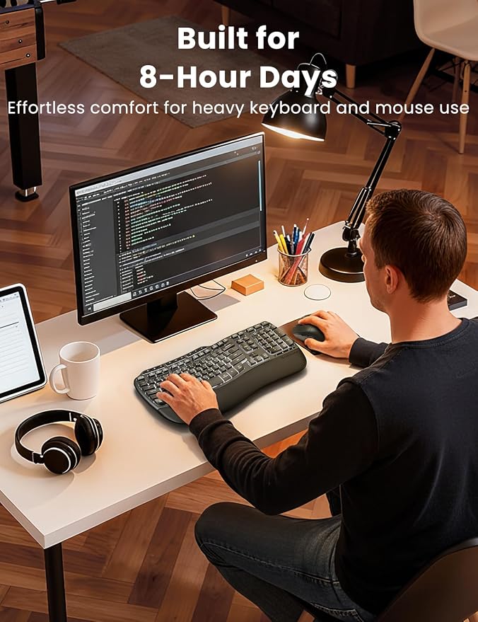 SABLUTE Ergonomic Wireless Keyboard and Mouse Combo, Rechargeable 4000mAh Backlit Keyboard with Soft Faux Lambskin Palm Rest, Wave Keys for Natural Typing, Compatible with Windows/Mac/Chrome OS