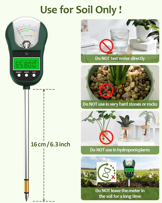 7-in-1 Soil Test Kit, Soil Moisture Meter/pH Meter/Light Intensity/Fertility/Air & Soil Hygrometer Temperature with Large Dual Display for Garden,Lawn, Farm, Indoor Outdoor Plants-OliveGreen