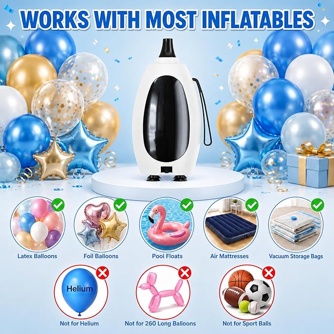 Balloon Pump Electric, Portable Balloon Inflator Air Pump Balloons Blower Machine with 6 Different Nozzles for Party Balloons Decorations Inflator Deflator for Inflatables Pool Floats Air Beds