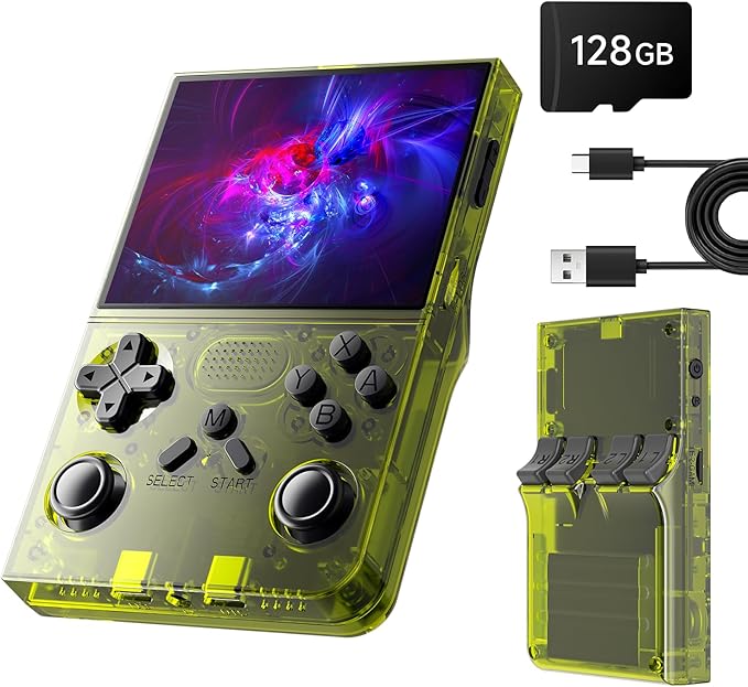 R40 Retro Handheld Game Console - Open Source System,3.5" IPS Screen, 18,000+ Classic Games, 128G TF Card, 3000mAh Battery, Portable Gaming Player for Travel, Retro Gaming Console, Yellow