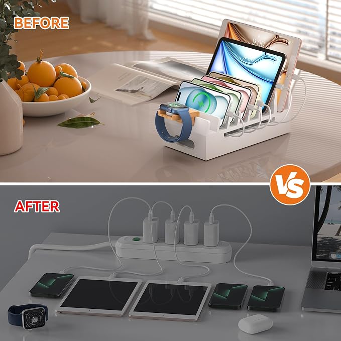 Bamboo Charging Station with Watch Stand, Docking Holder for Multi Device with 5 Charge Cables, Desktop Dock Stations Electronic Organizer for Cellphone, Tablet, Watch(No USB Charger)-White