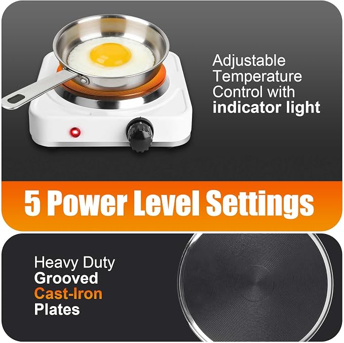 Portable Hot Plate, 1500W Cast Iron Single Countertop Burner, Electric Stove with 5 Levels Adjustable Temperature, Cooktop for Home RV Camping, Easy to Clean, White