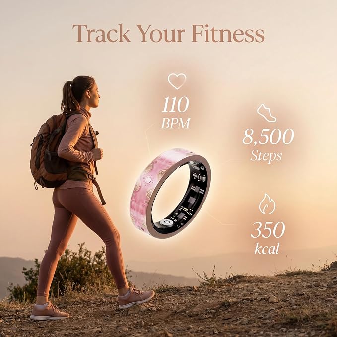 Smart Ring for Women, Sleep Tracker and Health Ring with Heart Rate, SpO2, HRV, Multi-Sport Tracking, IP68 Waterproof, Jewelry-Inspired Design, No Subscription, for iOS and Android (Pink, 9#)