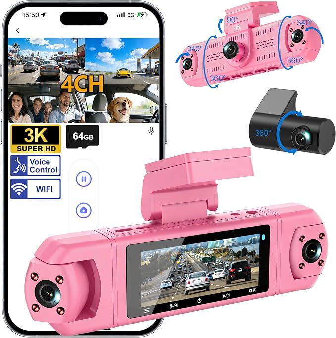 4 Channel Dash Cam,360 Degree, Front and Rear Inside Dash Cam for Cars, APP Control, Built-in WiFi,8 IR Night Vision, Parking Mode, Loop Recording, Fre 64G SD Card, Voice Control,3K+1080P x3
