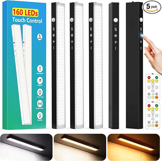 12inch 5Pack Touch Control Under Cabinet Lighting, 160LED Super Bright, 4000mAh Long-Lasting, Magnetic Rechargeable Motion Sensor Under Counter Lights for Kitchen, Closet, Remote, Dimmable, 3CCT丨Black