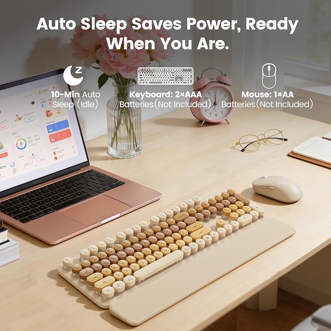 Wireless Keyboard and Mouse Combo, Magnetic Soft-Touch Wrist Rest, Round Keycaps, Full-Size Retro Typewriter Keyboard, 2-Stage Tilt Legs, Auto Sleep, 2.4GHz Cordless for Windows PC, Beige-Brown Ombre
