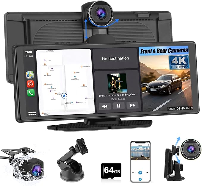 Portable Wireless CarPlay Screen for Car with 4K Dash Cam+1080P Backup Camera, 10.26”IPS Touchscreen Car Stereo, Supports CarPlay/Android Auto/Voice Control/GPS Navigation/Bluetooth/Mirror Link
