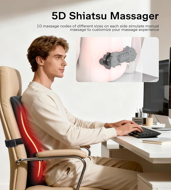 ALLJOY Back Massager with Heat, Electric Shiatsu Massage Pillow with LCD Display, 4 Modes & 3 Intensities Deep Tissue Kneading for Lower Back, Neck, Shoulder, Leg, Ideal Gifts for Men, Women