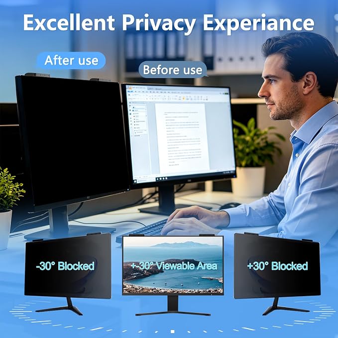 [2-Pack] 24 Inch Privacy Screen for Computer Monitor Privacy Screen Hanging Removable 16:9 Aspect Ratio, Anti Spy Anti Glare Blue Light, No Adhesive Easy Install 24in Computer Screen Privacy Shield