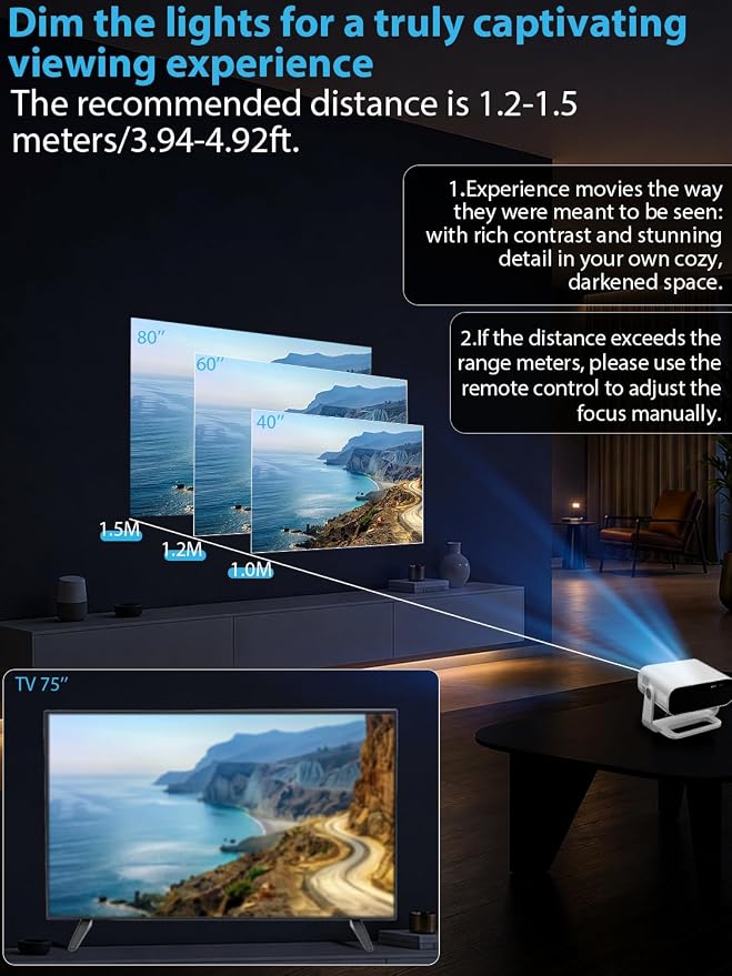 Wielio 2026 Smart Projector Android 14/TV with WiFi 6 and Bluetooth 5.0 Built in 1000+ Apps 210 ANSI Portable Bedroom Mini Movie Projector Auto Keystone & Zoom （Auto Focus/Preferred Dark Room)