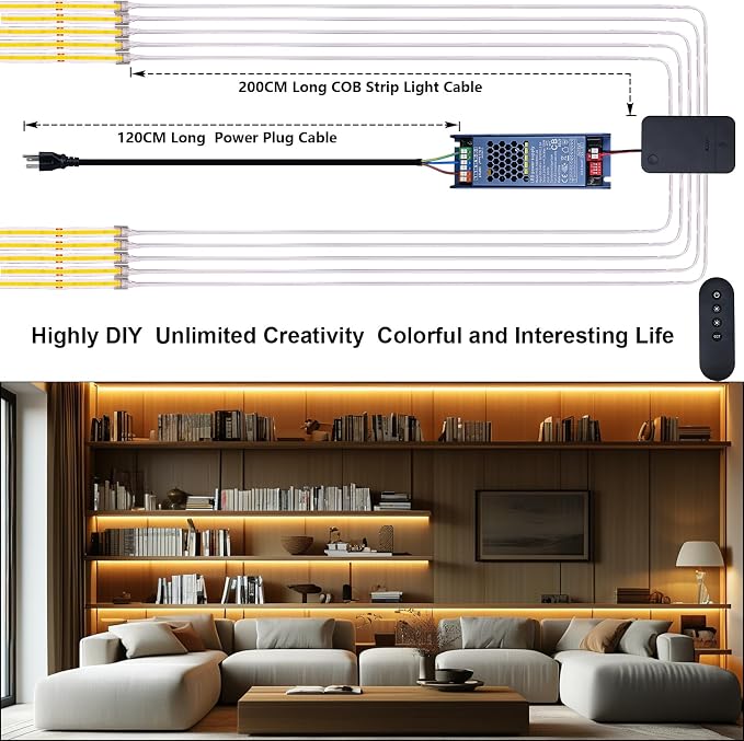 BENLUN 24V CCT COB LED Under Cabinet Strip Lighting 32.8FT, 3000K 4000K 6000K Cuttable LED Tape Light CRI 93 with Remote Controller and Power Supply for Kitchen Bookcase Shelf Display Room