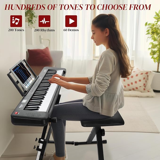 Ktaxon 61 Key Keyboard Piano Electric Keyboard w/Lighted Keys, Electric Piano Set with Headphones, Microphone, Music Rest, Power Adapter, Stand, Piano Bench and Manual (Compact-Classic Black)
