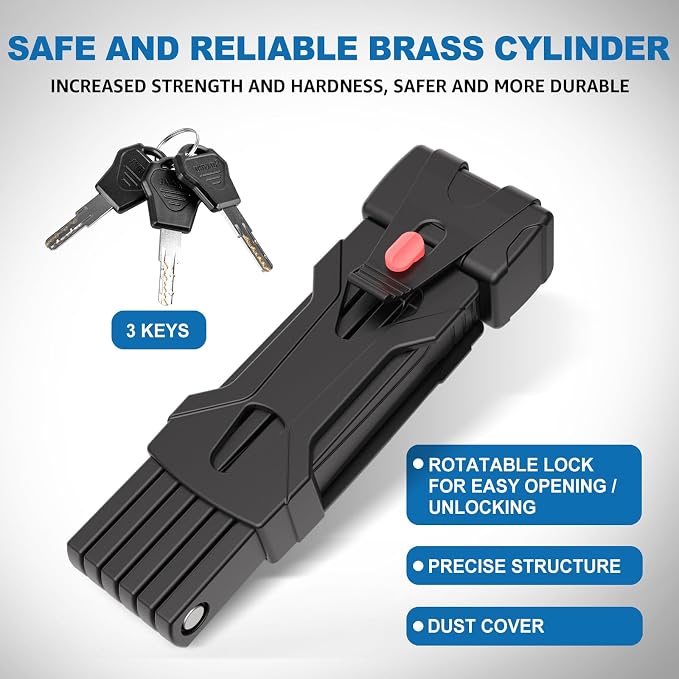 Compact Folding Bike Lock, Heavy Duty Anti Theft Bicycle Lock with 3 Keys and Mount, Lightweight for Road Bikes, Mountain Bikes, E-Bikes, Motorcycles, Scooters - 95cm (37 in)